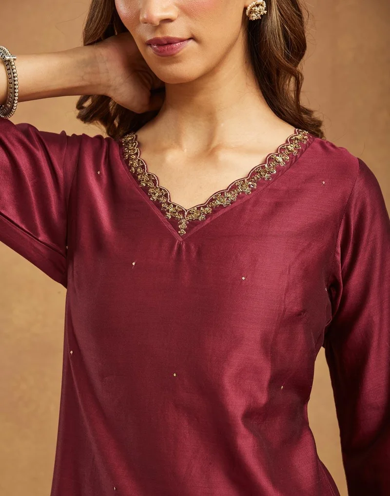 Fabindia  Wine Cotton Silk Hand Embroidered Long Kurta for Women | Best Price UAE
