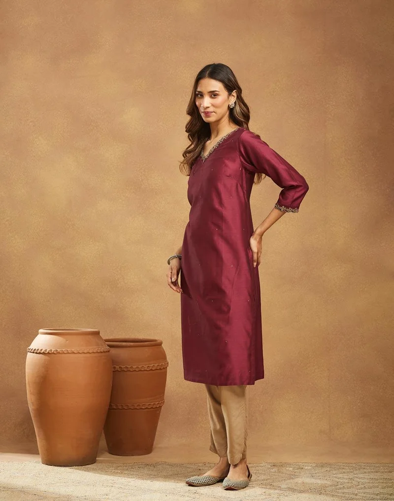 Fabindia  Wine Cotton Silk Hand Embroidered Long Kurta for Women | Best Price UAE