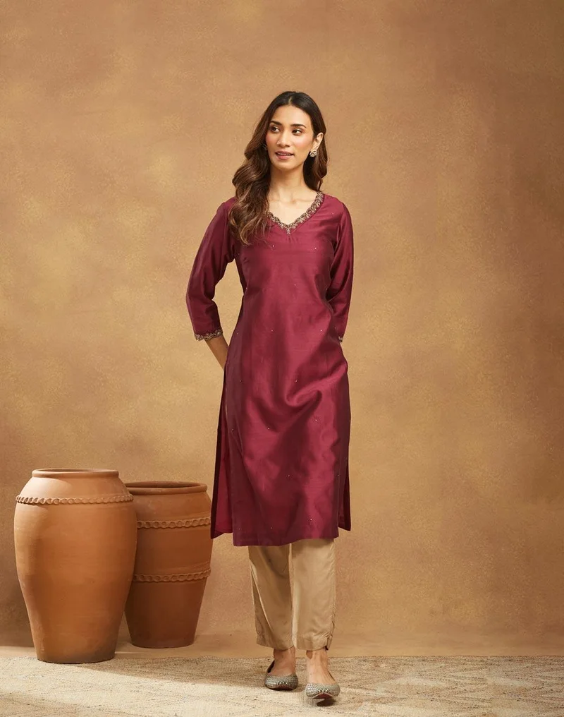 فاب انديا Wine Cotton Silk Hand Embroidered Long Kurta