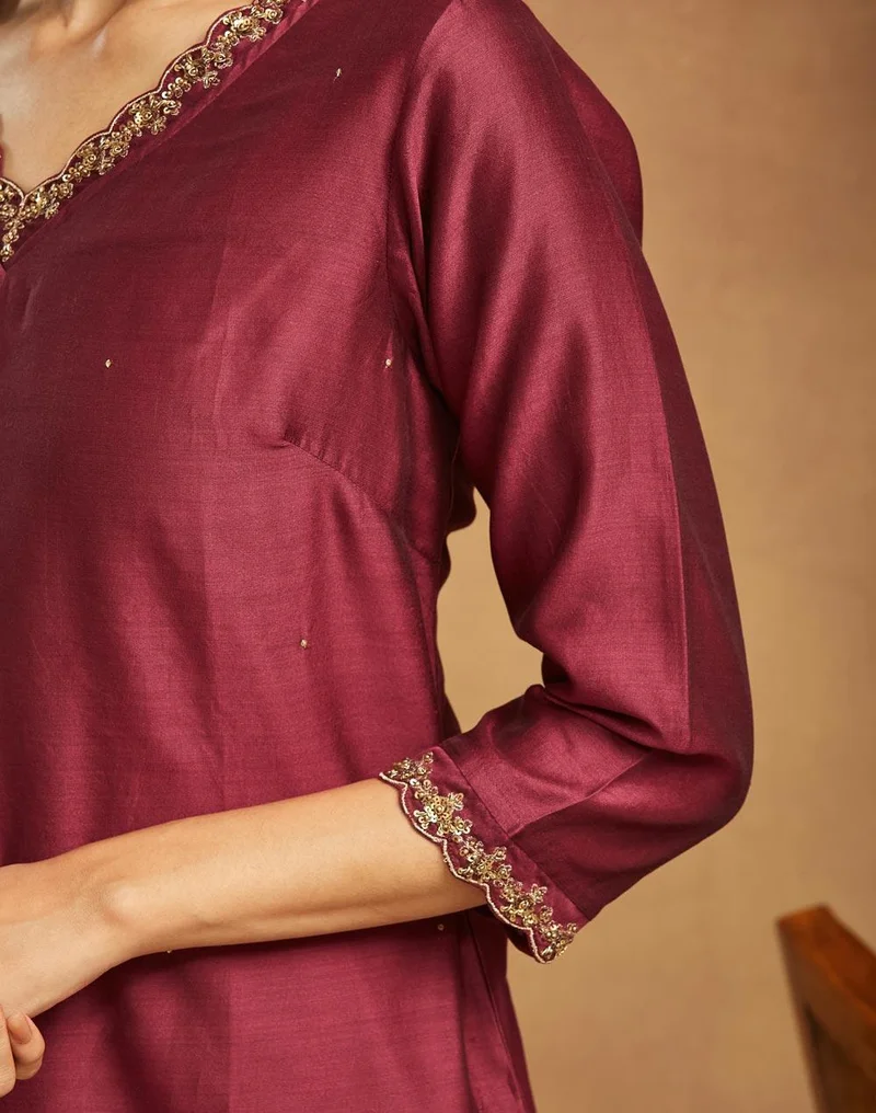 Fabindia  Wine Cotton Silk Hand Embroidered Long Kurta for Women | Best Price UAE