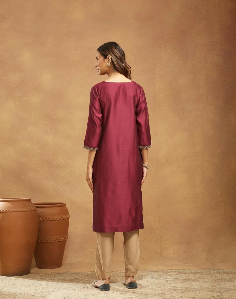 Fabindia  Wine Cotton Silk Hand Embroidered Long Kurta for Women | Best Price UAE