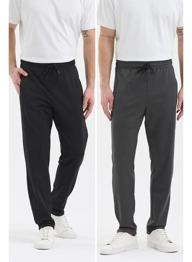 Mmetalic Men's Black-Anthracite Zipper Pocket Diver Fabric Straight-Leg Comfortable Cotton Jogger 2-Pack Sweatpants.