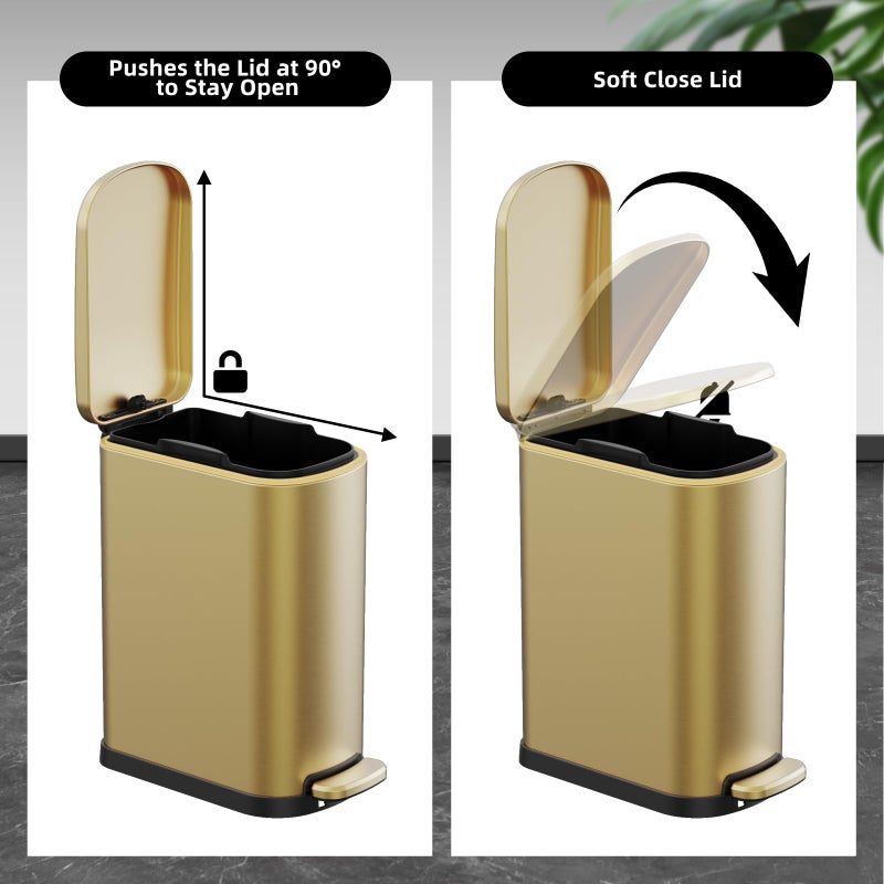 KSSKSS 2.6 Gallon Slim Bathroom Trash Can with Soft Close Foot Pedal, 10L Stainless Steel Garbage Can with Removable Liner Bucket, for Narrow Spaces, Bedroom, Gold - Image 3