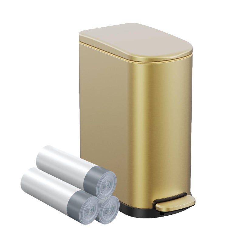 KSSKSS 2.6 Gallon Slim Bathroom Trash Can with Soft Close Foot Pedal, 10L Stainless Steel Garbage Can with Removable Liner Bucket, for Narrow Spaces, Bedroom, Gold - Image 1