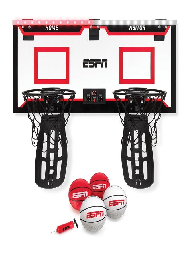 ESPN Mini Basketball Hoop, Over The Door Basketball Hoop with 2 Foldable Breakaway Rims and Ball Return for Two Player Games, Includes 4 Mini Basketballs and Pump - Image 1