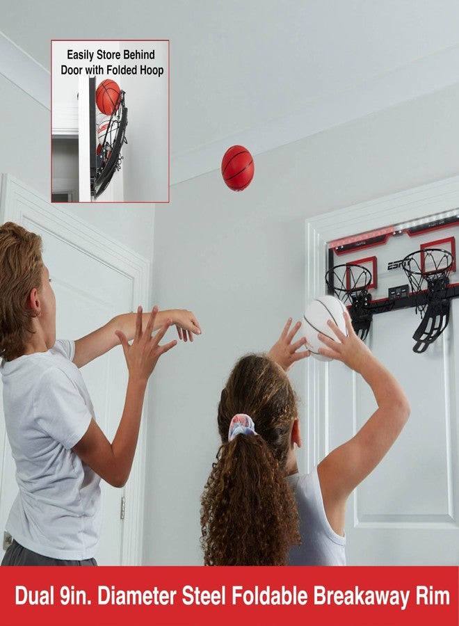 ESPN Mini Basketball Hoop, Over The Door Basketball Hoop with 2 Foldable Breakaway Rims and Ball Return for Two Player Games, Includes 4 Mini Basketballs and Pump - Image 3