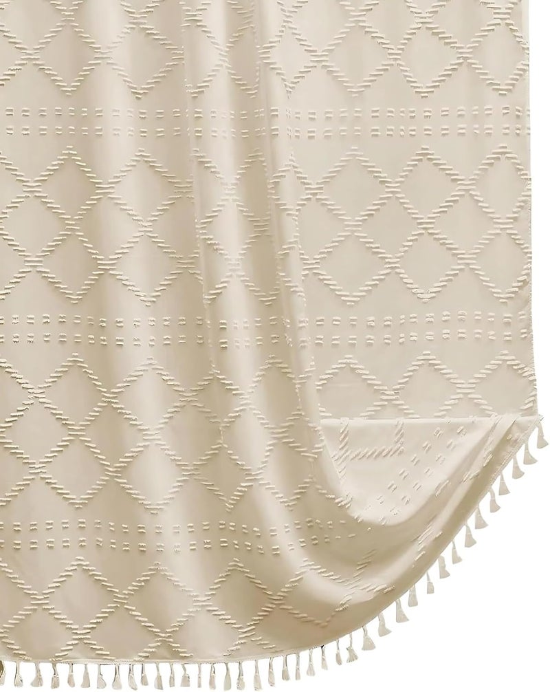 Geometric Stripes Bohemian Shower Curtain, Beige Farmhouse Style, Thickened Plain Color Bathroom Curtain with Tufted Fabric and Tassels - Image 1