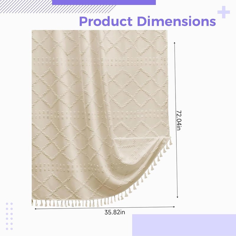 Geometric Stripes Bohemian Shower Curtain, Beige Farmhouse Style, Thickened Plain Color Bathroom Curtain with Tufted Fabric and Tassels - Image 2