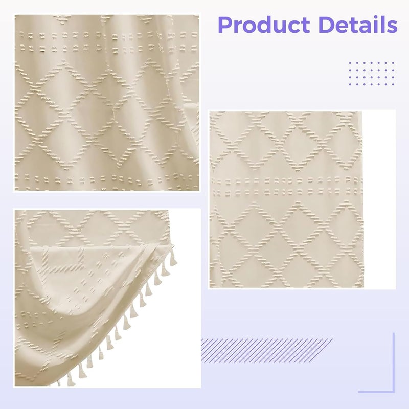 Geometric Stripes Bohemian Shower Curtain, Beige Farmhouse Style, Thickened Plain Color Bathroom Curtain with Tufted Fabric and Tassels - Image 4