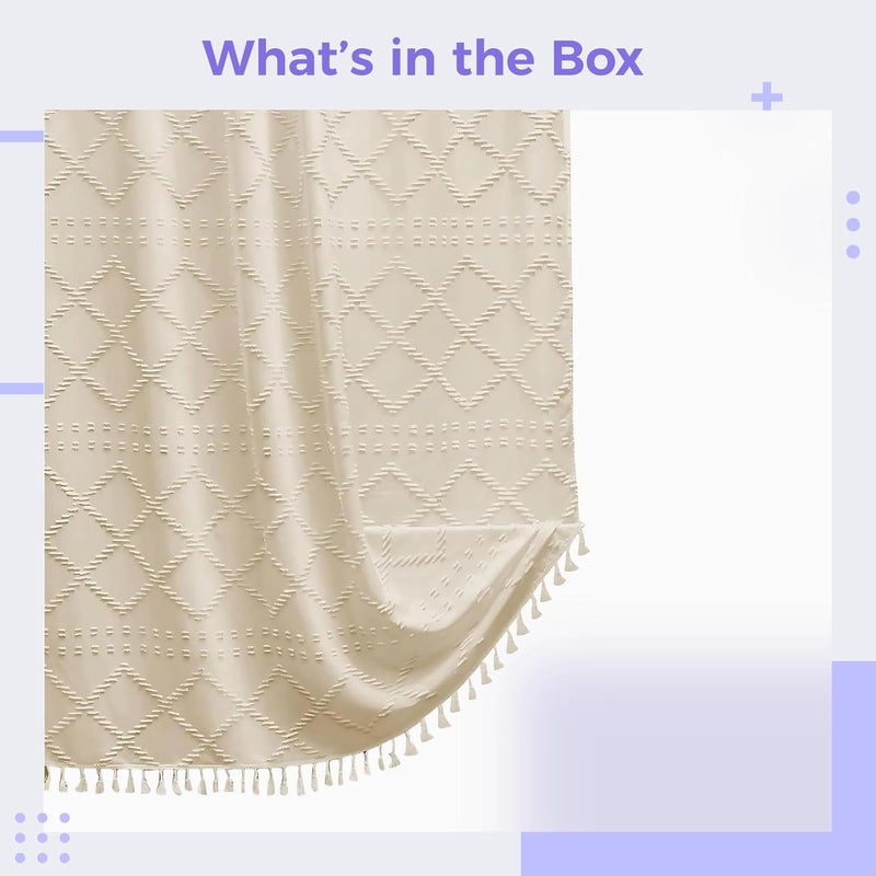 Geometric Stripes Bohemian Shower Curtain, Beige Farmhouse Style, Thickened Plain Color Bathroom Curtain with Tufted Fabric and Tassels - Image 5