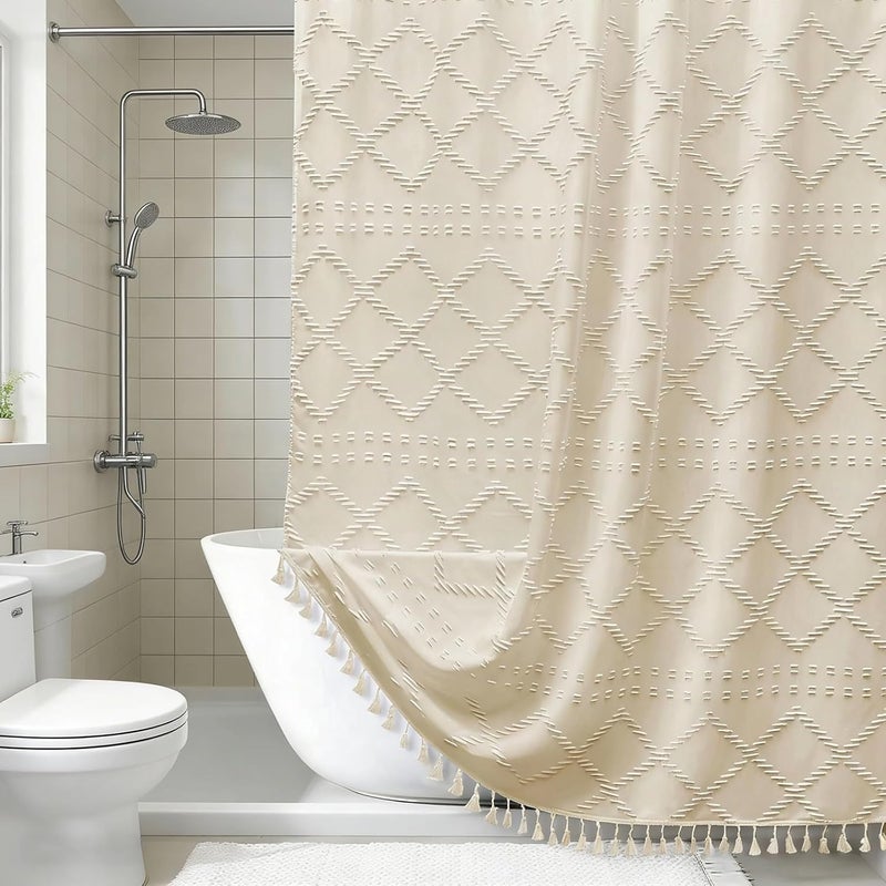 Geometric Stripes Bohemian Shower Curtain, Beige Farmhouse Style, Thickened Plain Color Bathroom Curtain with Tufted Fabric and Tassels - Image 3