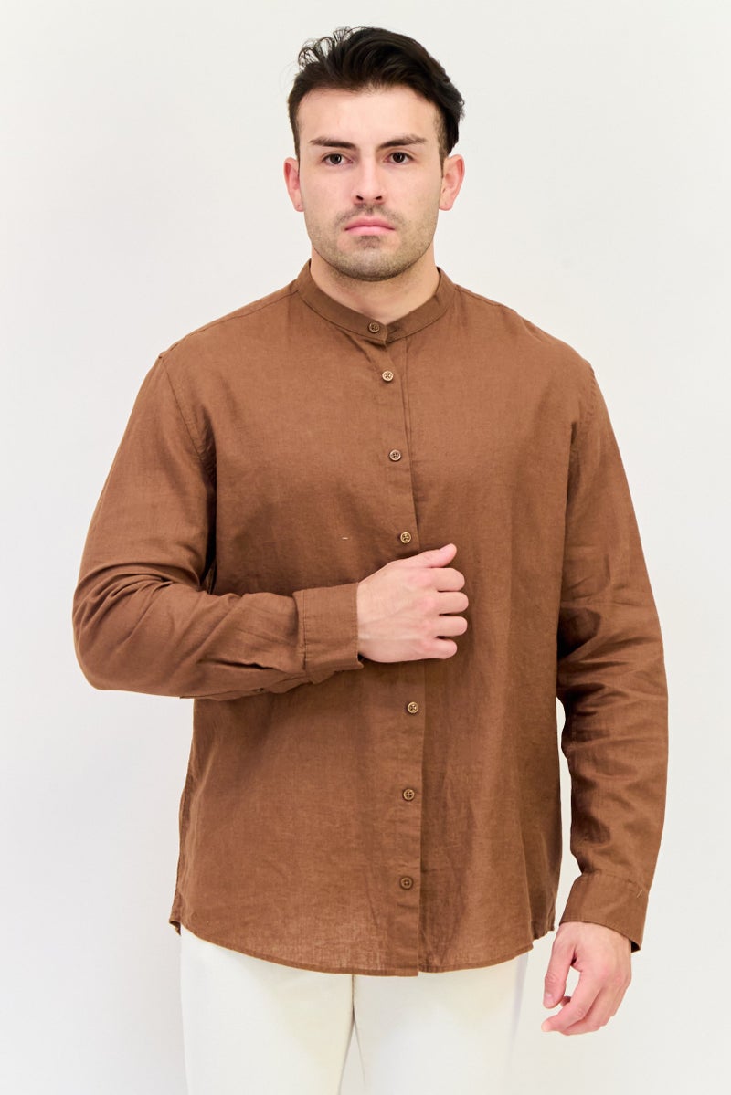 Celio Men Regular Fit Solid Long Sleeves Casual Shirt, Brown  - Image 1