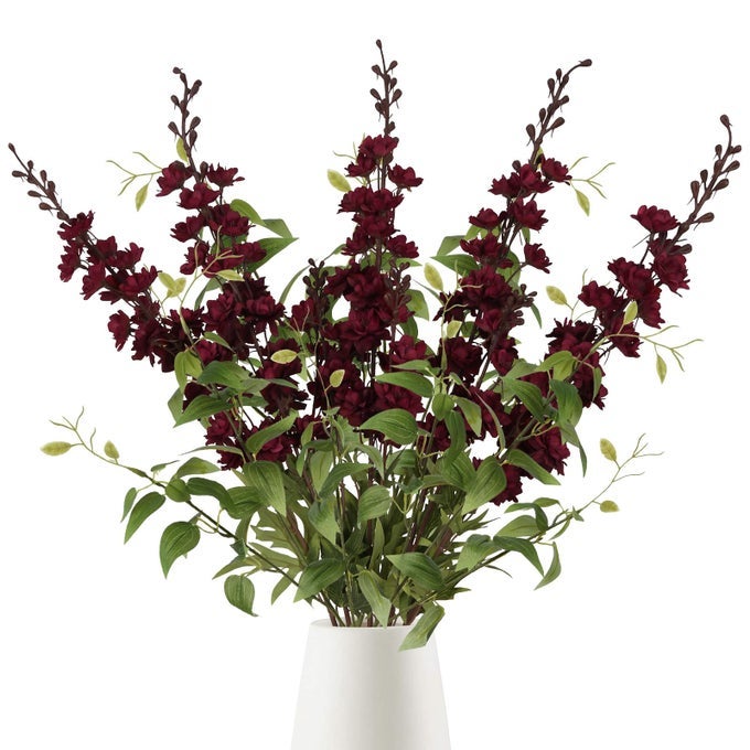 DARK RED FLOWERS ARTIFICIAL DELPHINIUM 9PCS BURGUNDY LARKSPUR ARTIFICIAL FLOWERS WITH CLEMATIS GREENERY BURGUNDY SILK FLOWERS FOR WEDDING CENTERPIECES FOR HOME TABLE DECOR DARK RED