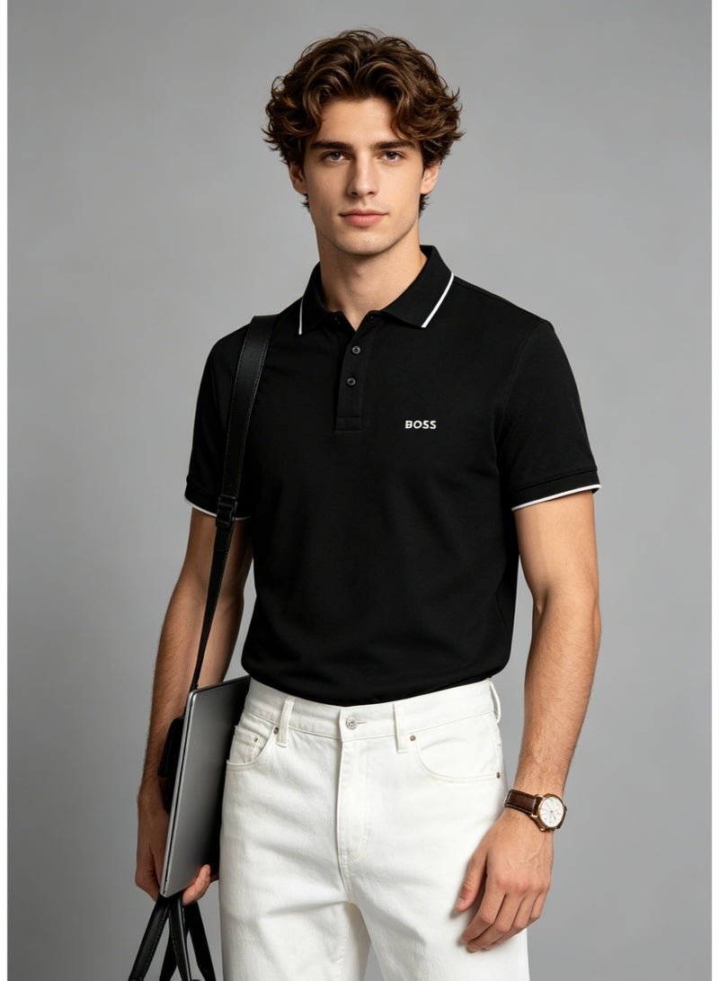 BOSS Men's Short Sleeve Contrast Tipped Polo Shirt, Modern Casual Regular Fit, Black - Image 2