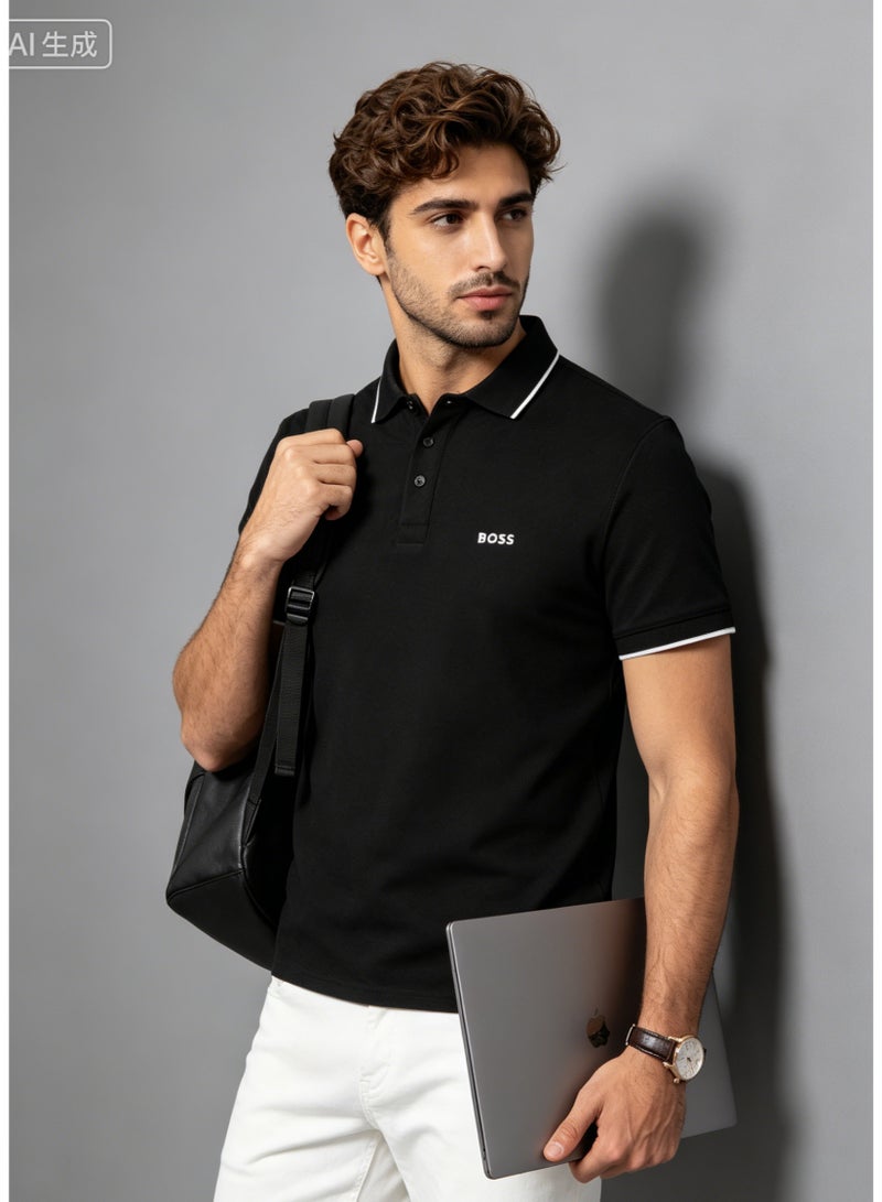 BOSS Men's Short Sleeve Contrast Tipped Polo Shirt, Modern Casual Regular Fit, Black - Image 4