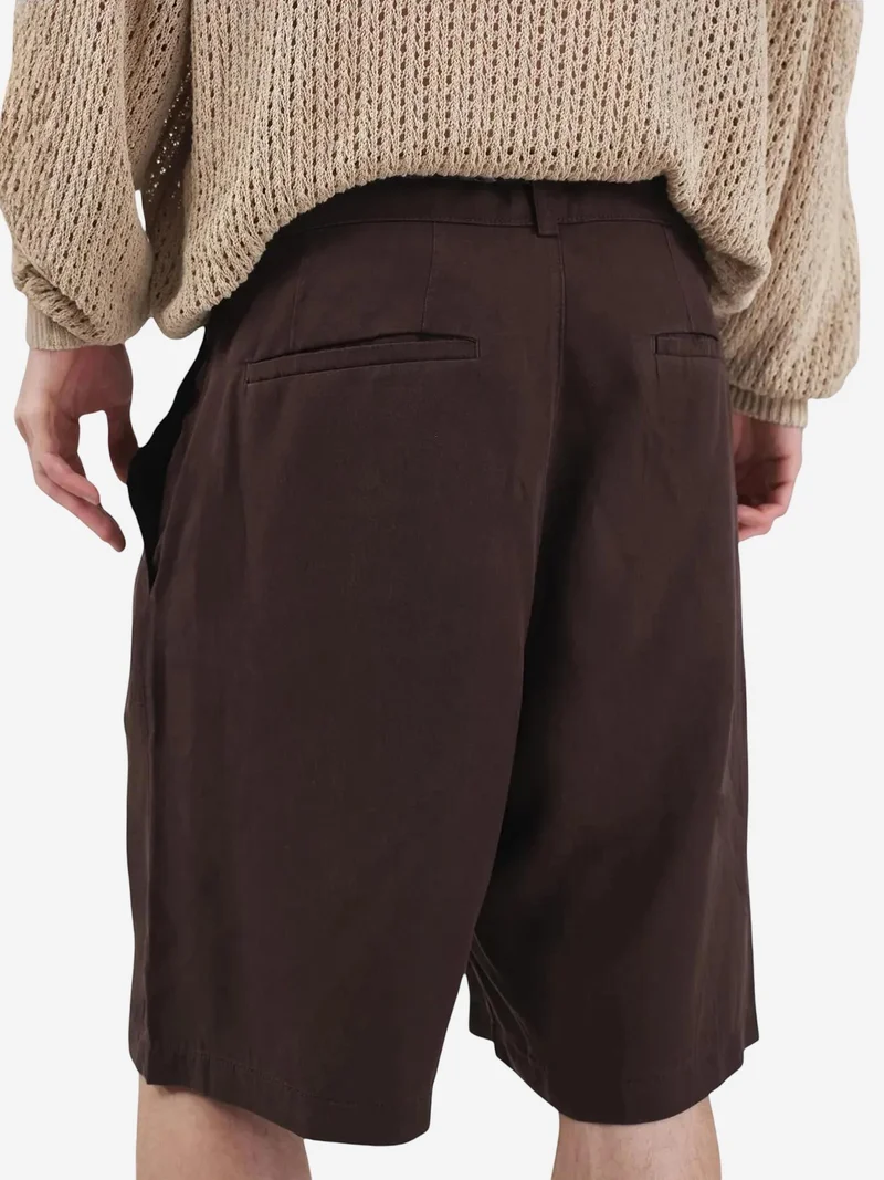Giesto Dark Mocha Brown GIESTO Mid Waist Wide Leg Belted Tencel Shorts for Men | Best Price UAE