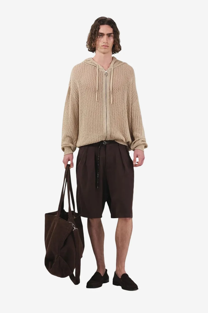 Giesto Dark Mocha Brown GIESTO Mid Waist Wide Leg Belted Tencel Shorts for Men | Best Price UAE