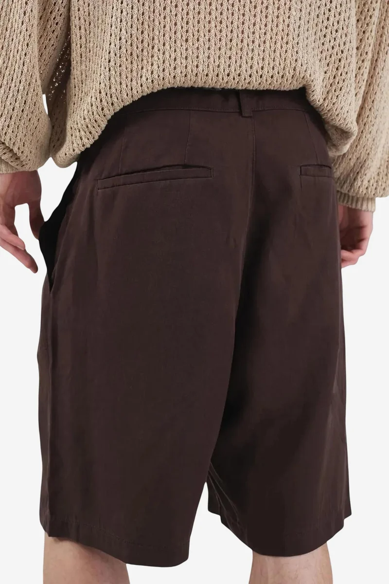 Giesto Dark Mocha Brown GIESTO Mid Waist Wide Leg Belted Tencel Shorts for Men | Best Price UAE