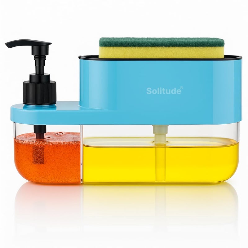 Solitude Plastic 3 in 1 Soap Pump Dispenser Dish Soap Liquid Dispenser Sponge Holder Dish Soap Pump Dispenser for Kitchen Sink Countertop Kitchen Bathroom, Multicolor - Image 1