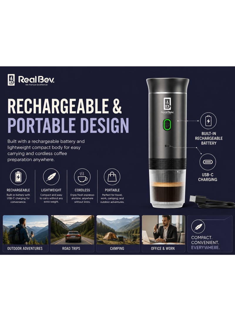 ريالبيف ماكينة قهوة إسبريسو محمولة من RealBev | ماكينة قهوة قابلة لإعادة الشحن عبر منفذ USB للسفر والسيارة والتخييم والمكتب | متوافقة مع البن المطحون والكبسولات | صغيرة الحجم وسهلة التحضير بلمسة واحدة - Image 4
