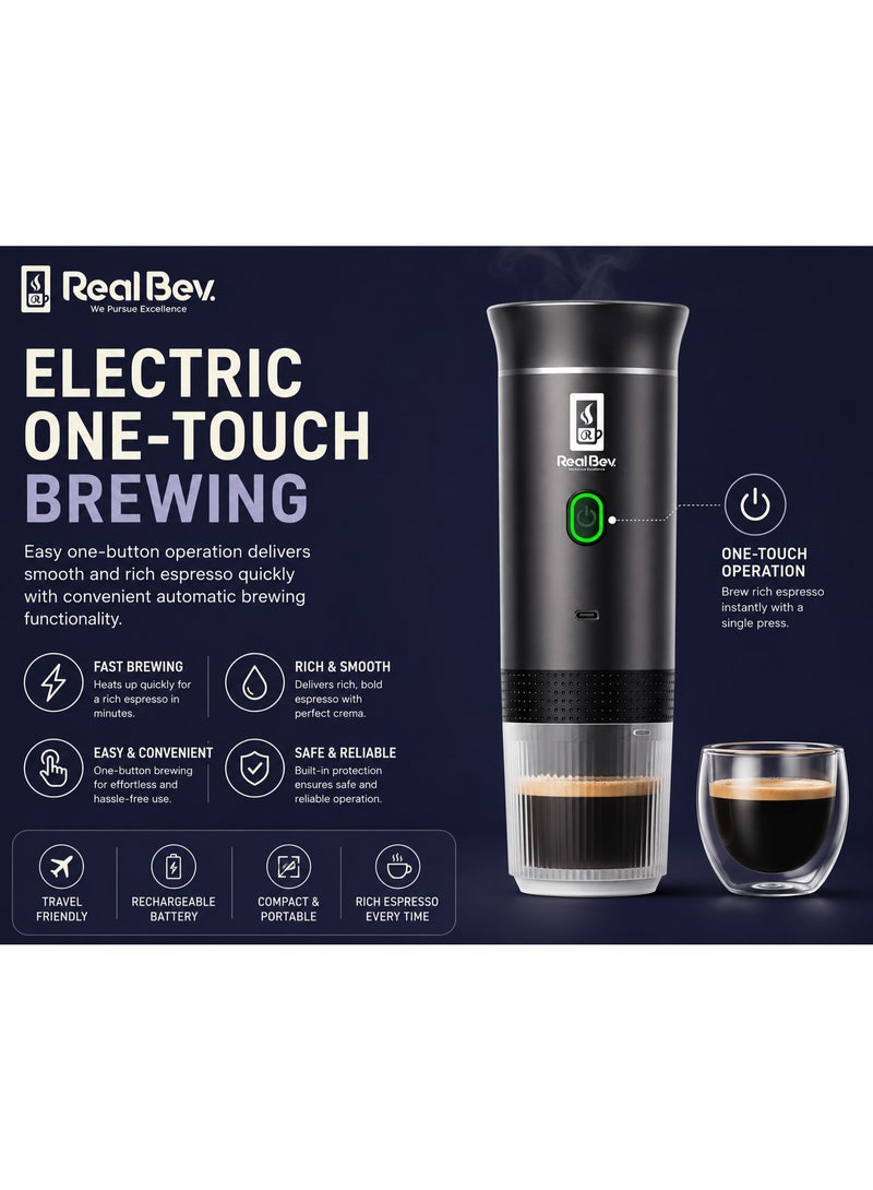 ريالبيف ماكينة قهوة إسبريسو محمولة من RealBev | ماكينة قهوة قابلة لإعادة الشحن عبر منفذ USB للسفر والسيارة والتخييم والمكتب | متوافقة مع البن المطحون والكبسولات | صغيرة الحجم وسهلة التحضير بلمسة واحدة - Image 5