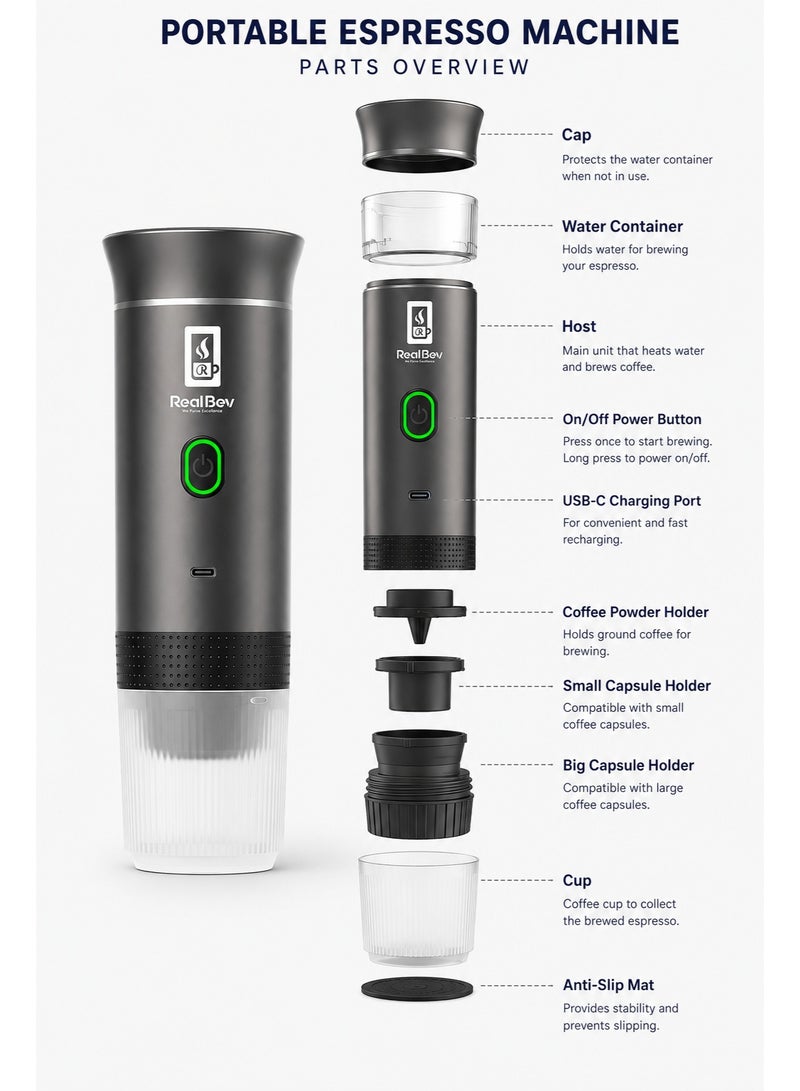 RealBev Portable Espresso Coffee Maker | USB Rechargeable Coffee Machine for Travel, Car, Camping & Office | Compatible with Ground Coffee & Capsules | Compact One-Touch Brewing - Image 3