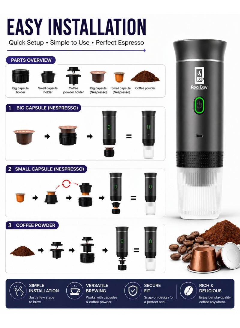 RealBev Portable Espresso Coffee Maker | USB Rechargeable Coffee Machine for Travel, Car, Camping & Office | Compatible with Ground Coffee & Capsules | Compact One-Touch Brewing - Image 4