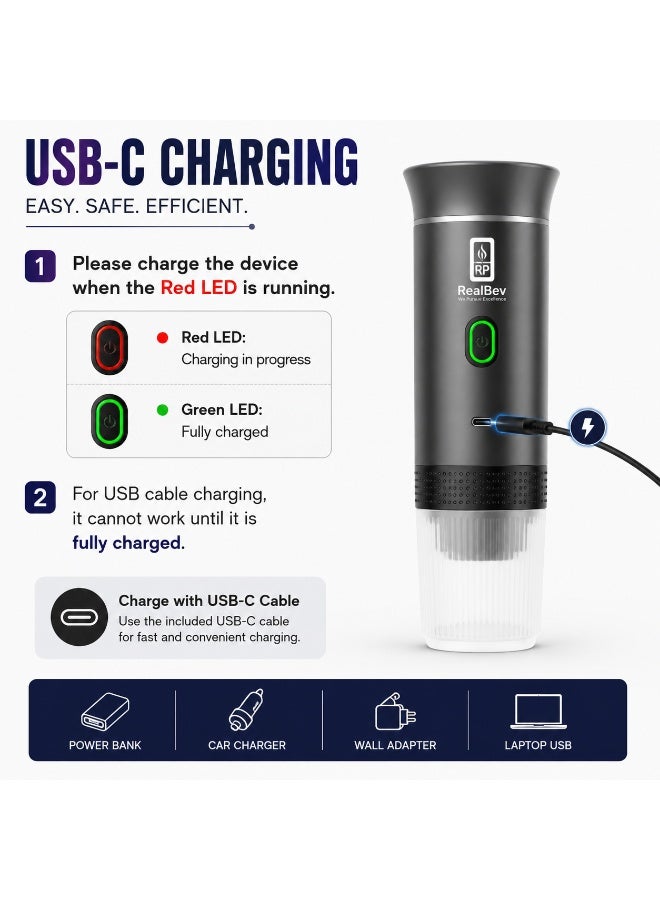 RealBev Portable Espresso Coffee Maker | USB Rechargeable Coffee Machine for Travel, Car, Camping & Office | Compatible with Ground Coffee & Capsules | Compact One-Touch Brewing - Image 5