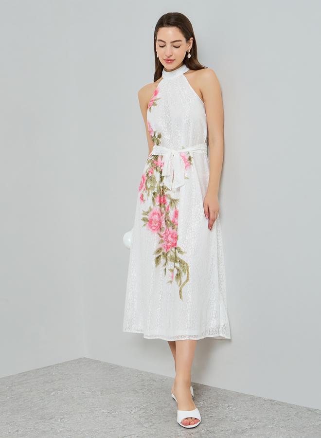 White Floral Print Sleeveless Midi Dress