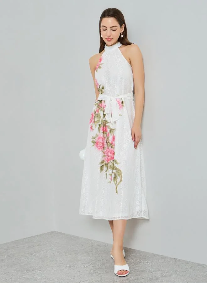 Styli White Floral Print Sleeveless Midi Dress