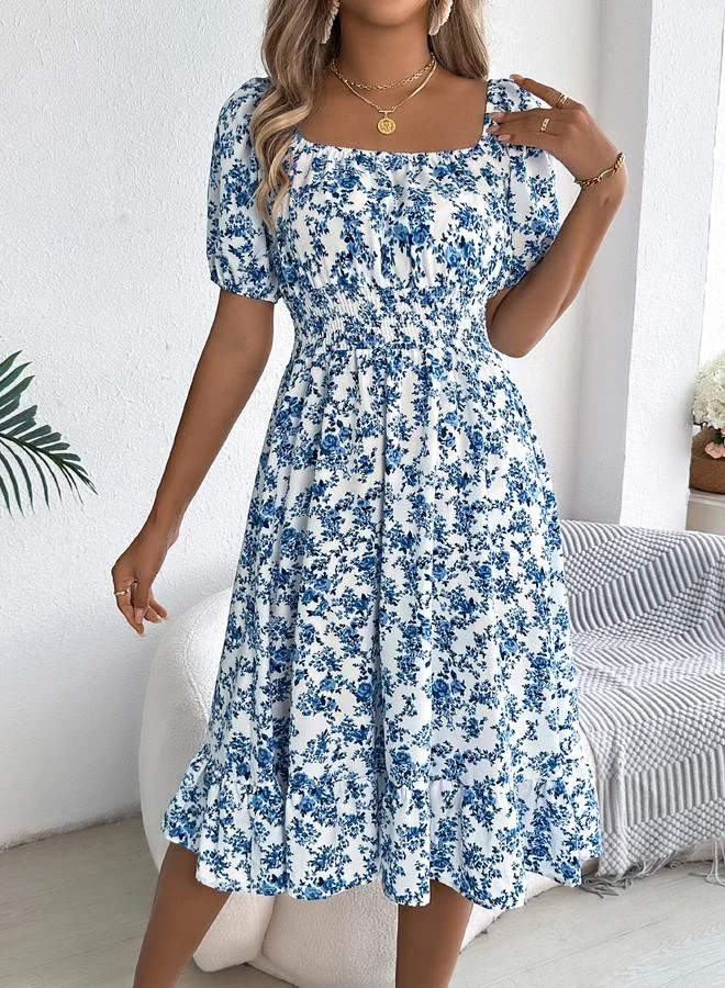 Take Two blue and white floral Blue Floral Print Square Neck A-Line Knee Length Dress with Smocking Detail for Women | Best Price UAE
