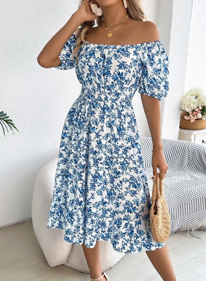 Take Two blue and white floral Blue Floral Print Square Neck A-Line Knee Length Dress with Smocking Detail for Women | Best Price UAE