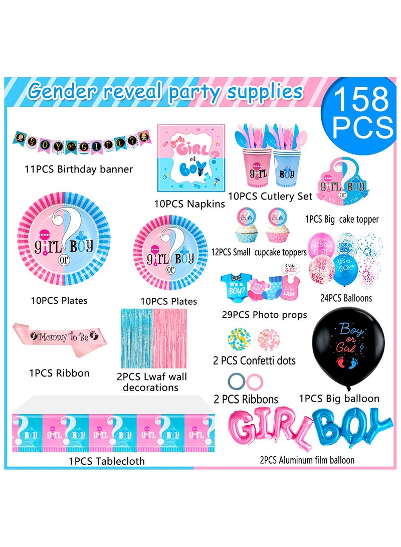 FRUITFUL PARTY Gender Reveal Party Decorations for 10 Guests, 158pcs Gender Reveal Party Disposable Tableware Set Boy or Girl Banner Balloons Fringe Photo Booth Props etc - Image 2