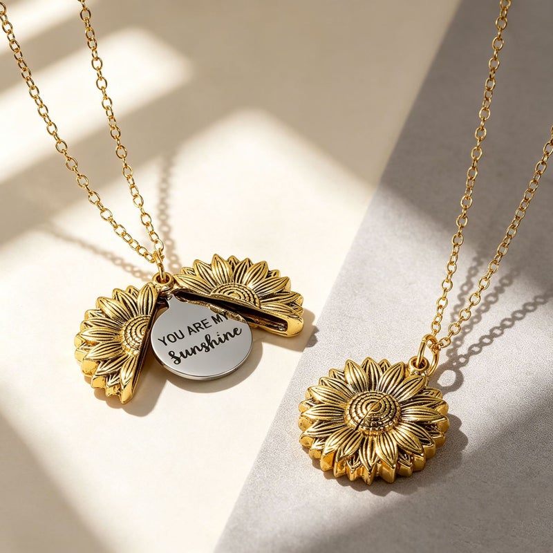 Double-sided Sunflower Pendant Necklace with Engravable Charm - Image 2