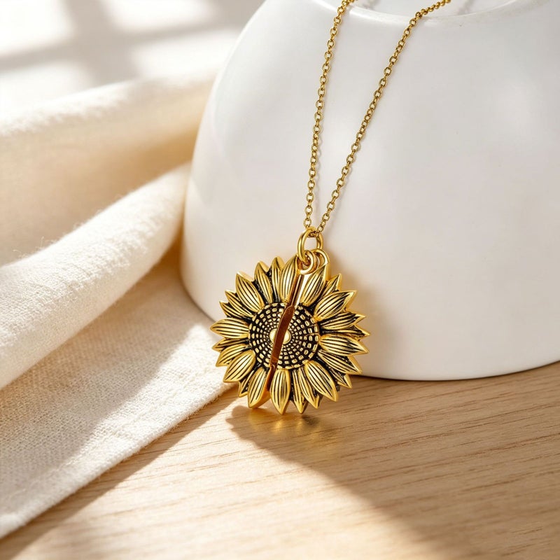 Double-sided Sunflower Pendant Necklace with Engravable Charm - Image 4