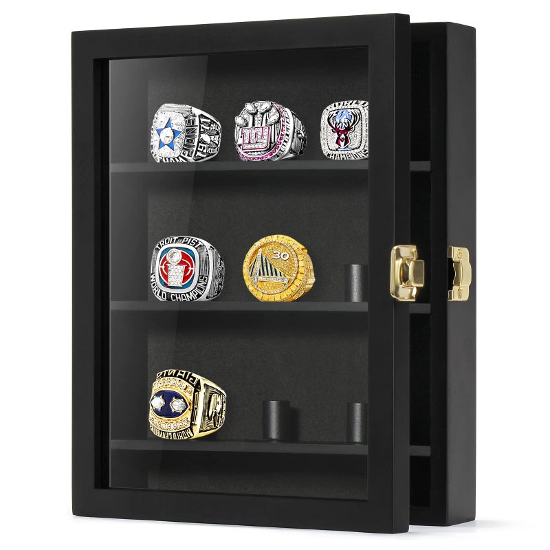 TJMOREE Tj.Moree Championship Ring Display Case  9 Posts Baseball & Moredisplay Case  8X10 Wall Mount Wooden Glass Shadow Box With Locks - Black - Image 1