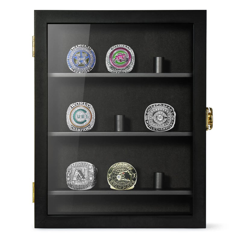 TJMOREE Tj.Moree Championship Ring Display Case  9 Posts Baseball & Moredisplay Case  8X10 Wall Mount Wooden Glass Shadow Box With Locks - Black - Image 2