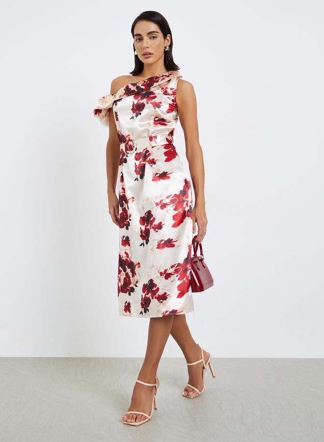 Styli Women Floral Print One-Shoulder Sheath Midi Dress - Image 2