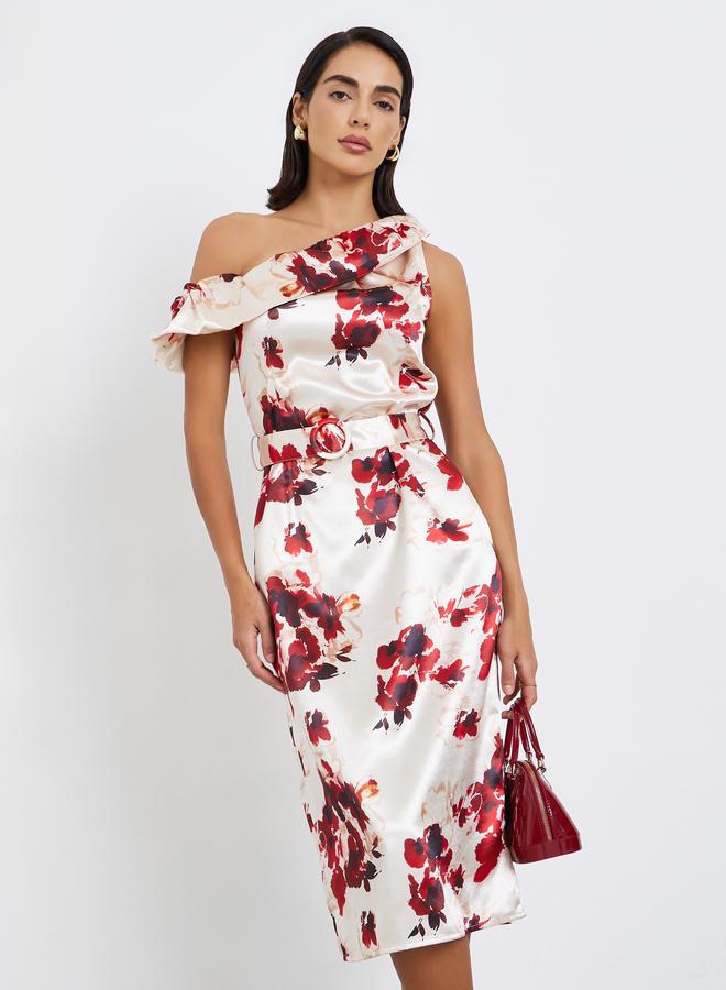 Styli Women Floral Print One-Shoulder Sheath Midi Dress - Image 1