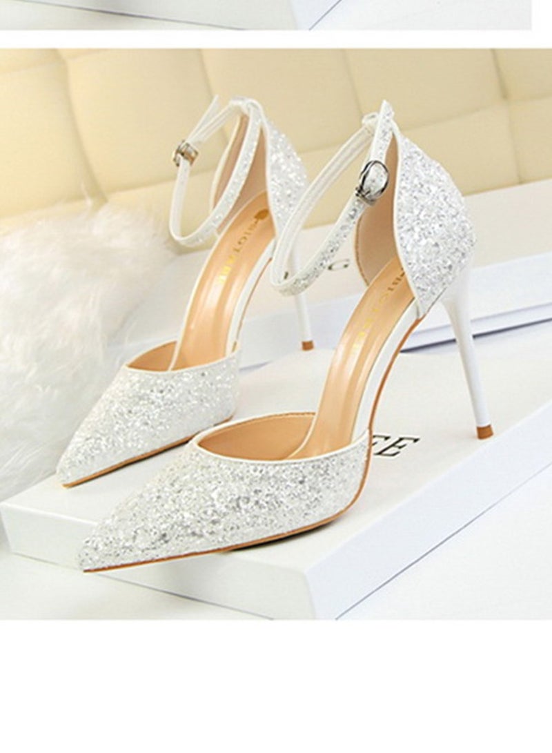 BIGTREE 9.5cm European Style Thin Heels High Heels Shallow Mouth Pointed Hollow Sequin One-Line Sandals For Women White