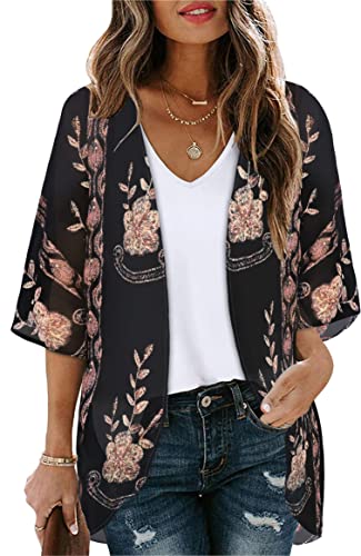 CHICGAL Kimono Cardigans Floral Womens Tops Dressy Casual Spring Cover ups Chiffon Open Front Shirts (BlackLace,L) - Image 5