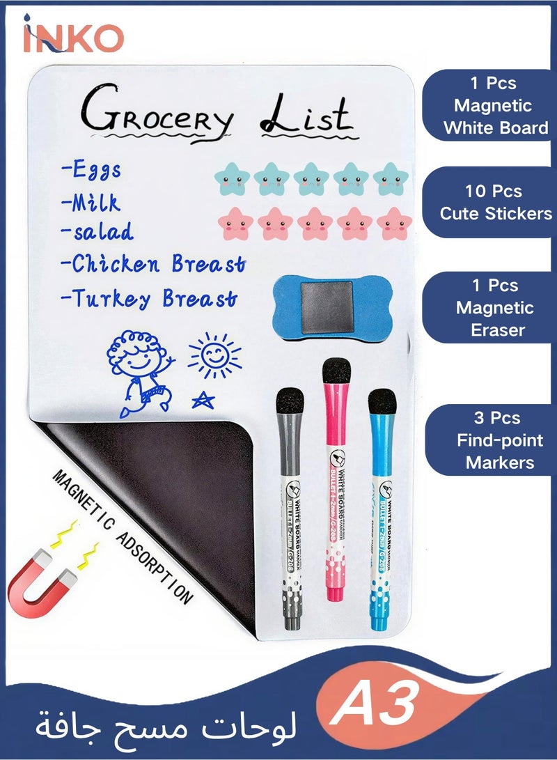 A3 Magnetic White Board , Dry Erase Boards, fridge whiteboard, magnetic dry erase board，A3 small magnetic whiteboard with 3 Markers and Board Eraser , small magnetic dry erase board,for Fridge Kitchen,home,Office ,42*30cm , White - Image 1