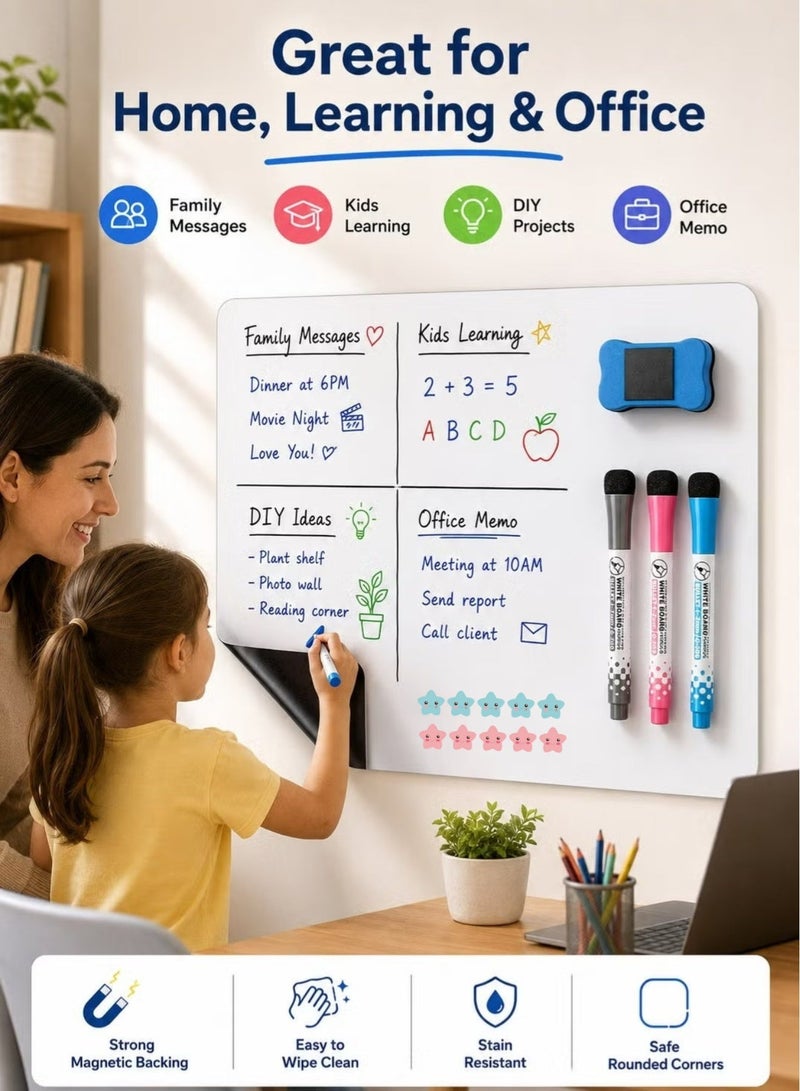 A3 Magnetic White Board , Dry Erase Boards, fridge whiteboard, magnetic dry erase board，A3 small magnetic whiteboard with 3 Markers and Board Eraser , small magnetic dry erase board,for Fridge Kitchen,home,Office ,42*30cm , White - Image 5