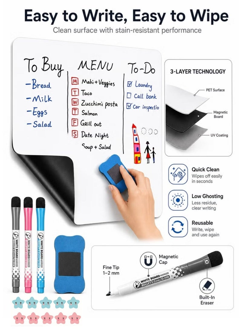 A3 Magnetic White Board , Dry Erase Boards, fridge whiteboard, magnetic dry erase board，A3 small magnetic whiteboard with 3 Markers and Board Eraser , small magnetic dry erase board,for Fridge Kitchen,home,Office ,42*30cm , White - Image 3