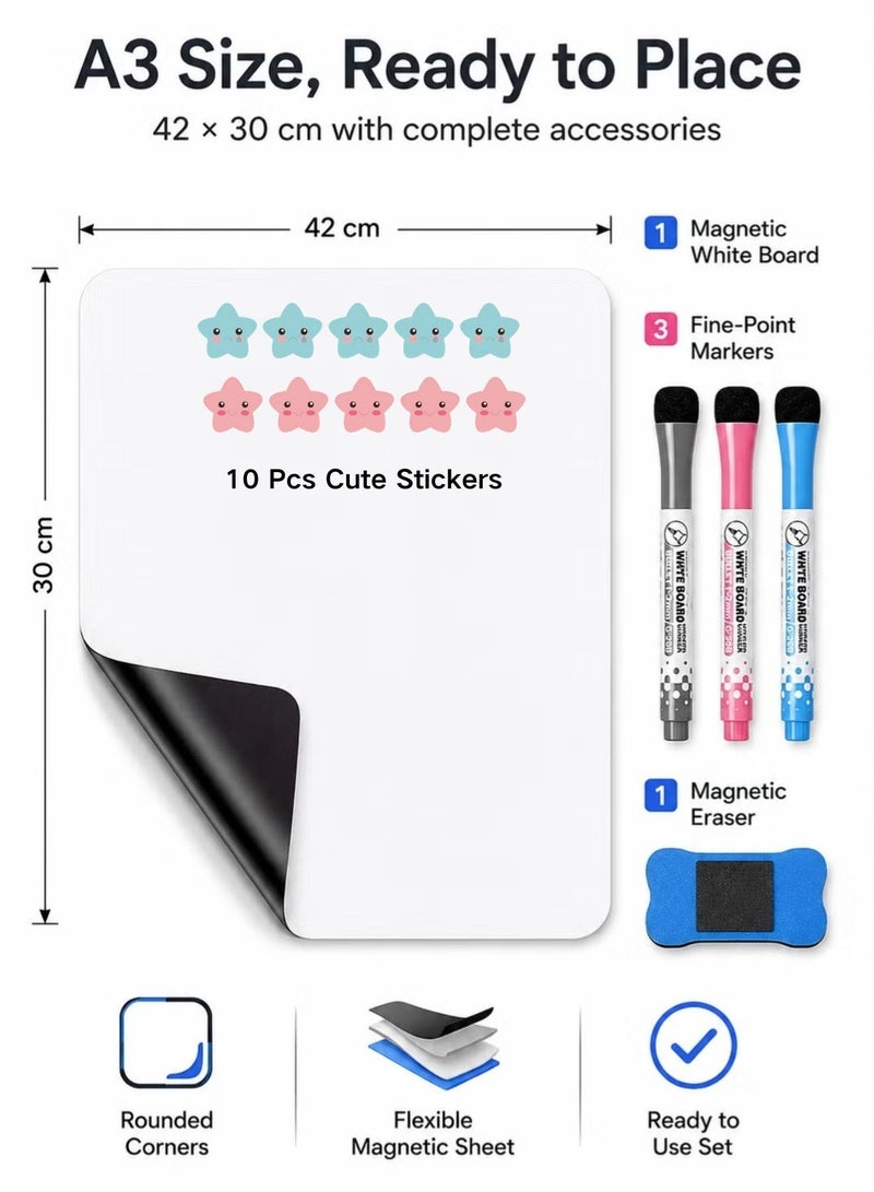 A3 Magnetic White Board , Dry Erase Boards, fridge whiteboard, magnetic dry erase board，A3 small magnetic whiteboard with 3 Markers and Board Eraser , small magnetic dry erase board,for Fridge Kitchen,home,Office ,42*30cm , White - Image 2