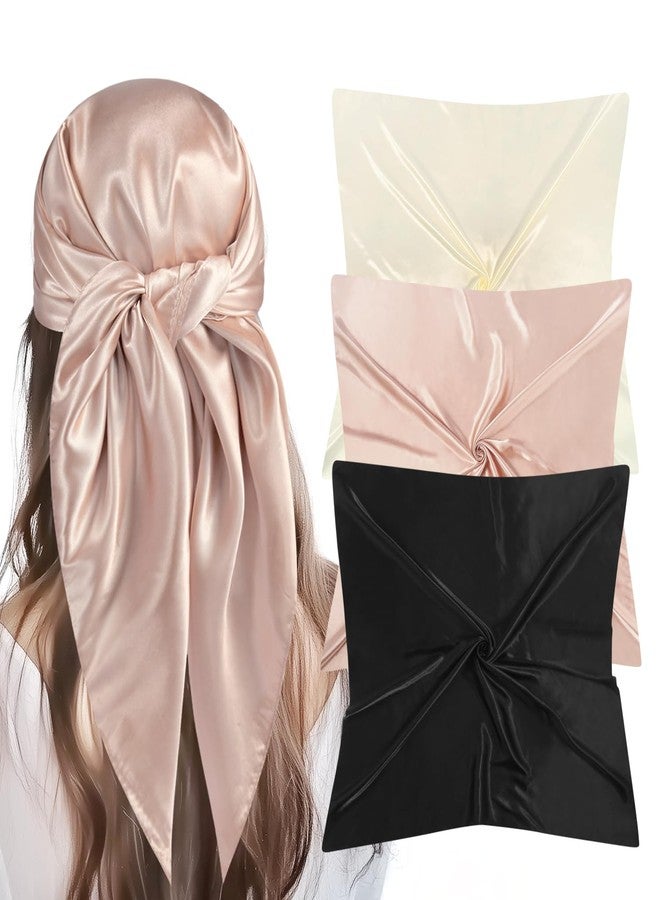 VBAEI 35” Large Square Satin Head Scarf - 3Pcs Silk Like Head Scarves Silk Bandana Satin Hair Scarf Head Wraps For Women, Champagne,camel,black, 35 inches square - Image 1