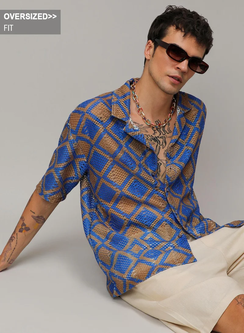 Campus Sutra Campus Sutra Men's Royal Blue & Mocha Brown Geometric Block Oversized Shirt For Casual Wear | Spread Collar | Short Sleeve | Button Closure | Shirt Crafted With Comfort Fit For Everyday Wear