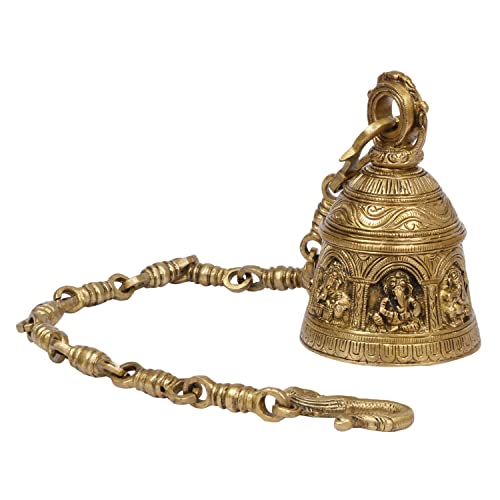 Kartique Brass Musical Ganesha Bell - 6 Inch Height Intricate Design with Chain, Golden Finish, Ideal for Puja and Home Decor - Image 1