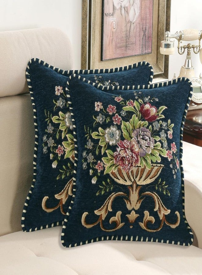 Qupace Set of 2 Blue Vintage Embroidered Throw Pillows Covers 18x18in，Vintage Decorations Floral Embroidered Cushion Cover for Sofa Couch Bed Chairs Car - Image 1