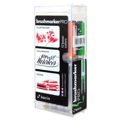 Karin Brushmarker Pro 12pc Basic Colors brush tip markers Set, Blendable, Water-Based, Professional Grade Brush Markers for Adults and Artists, 12 Basic Colors, Adult Markers for Coloring Books - Image 1